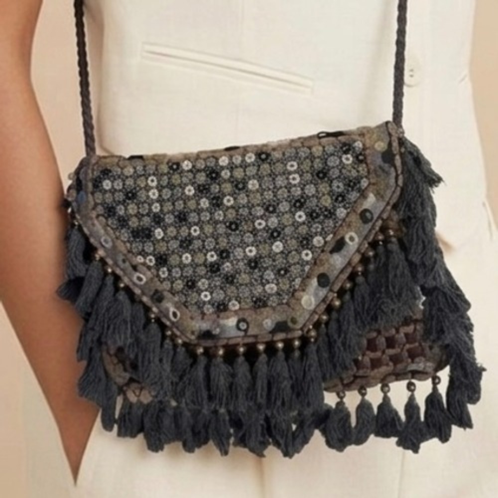 Ibban Maggra Grey Handmade Beaded Mirror Tassel Cotton Crossbody Bag India